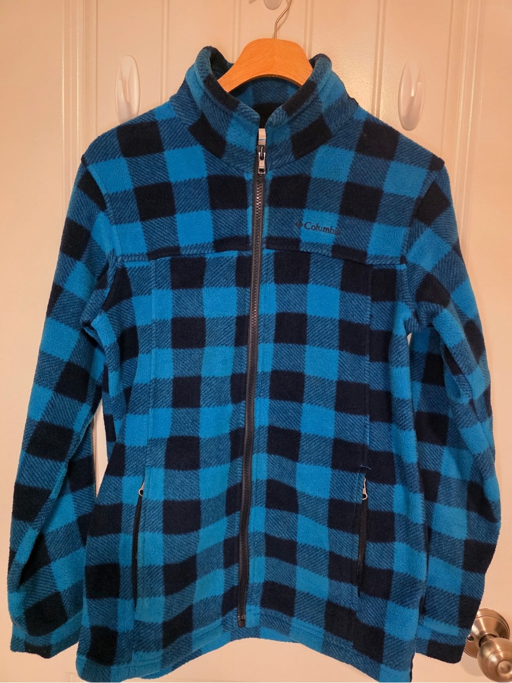 Columbia Boys Blue and Black Plaid Fleece Jacket Size L